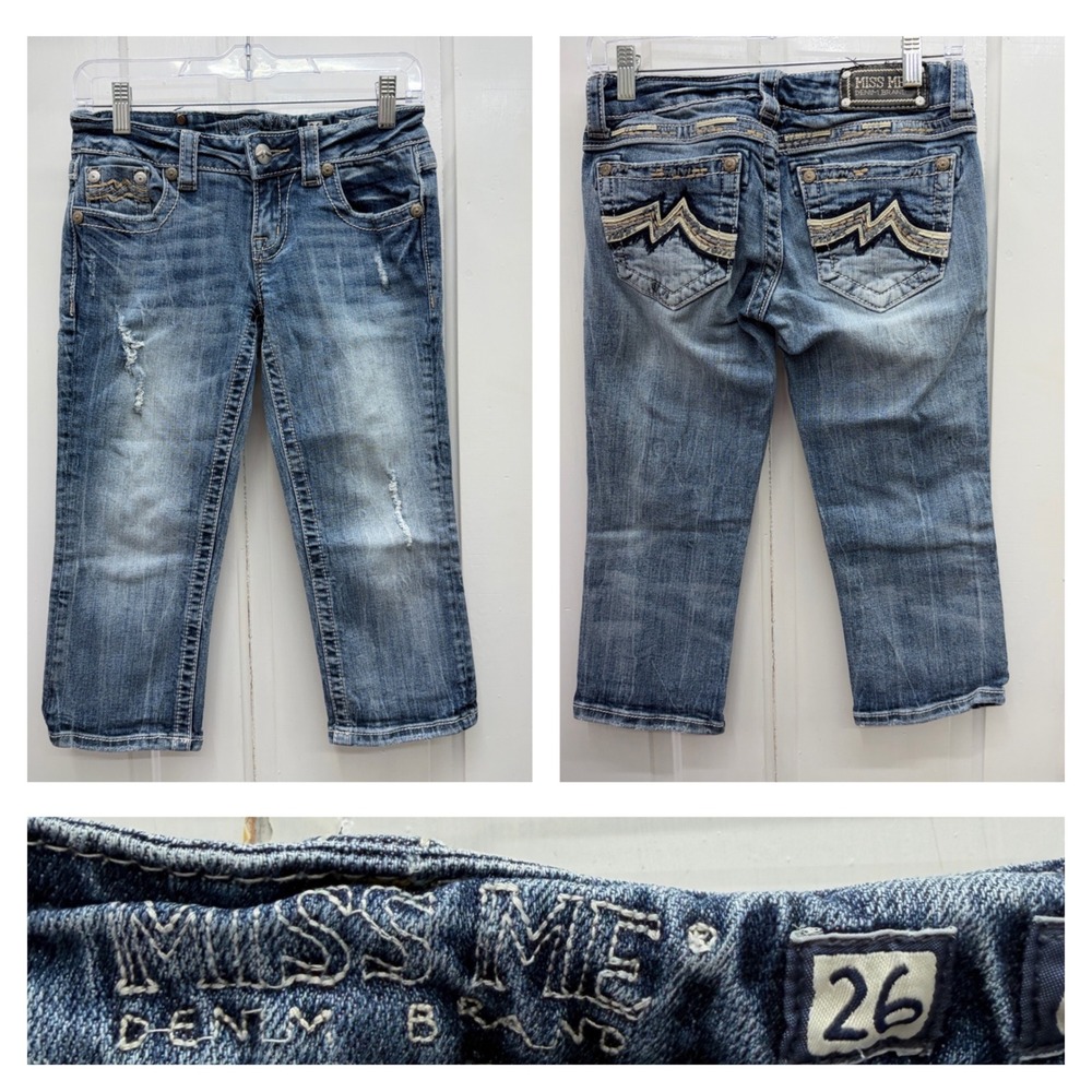 Miss Me Womens 26 Distressed Thick Stitch Embroidered Denim Jean‎ Capri Capris